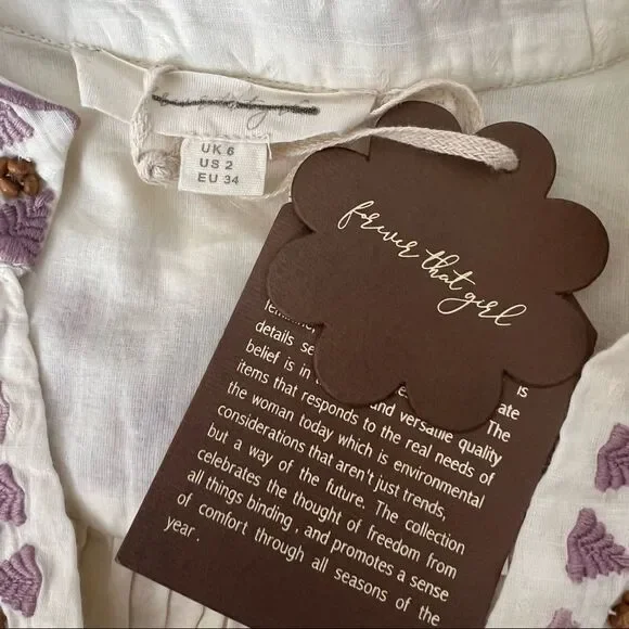 Anthropologie Forever That Girl Cotton Embroidered Beaded Peasant Top Ecru US 2 - Picture 9 of 10